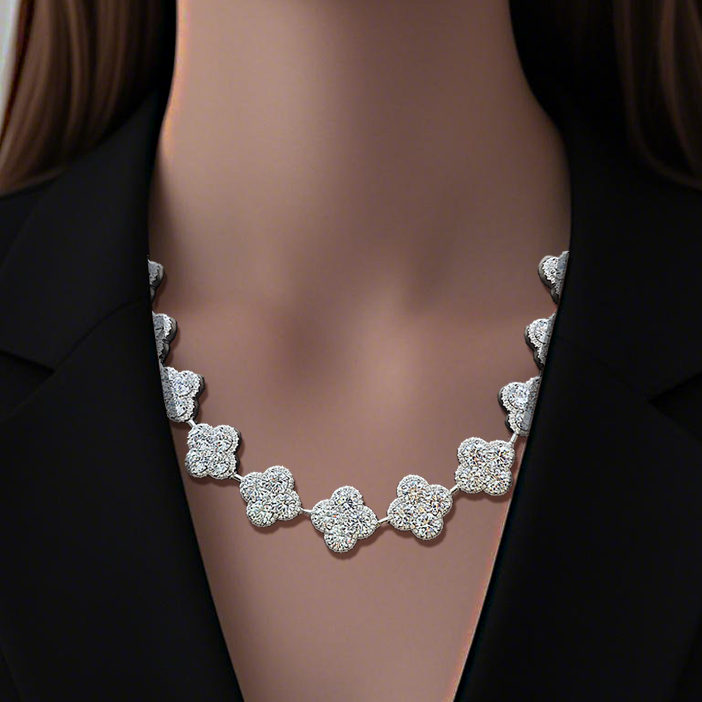 Round Cut Cluster Clover White Sapphire Necklace