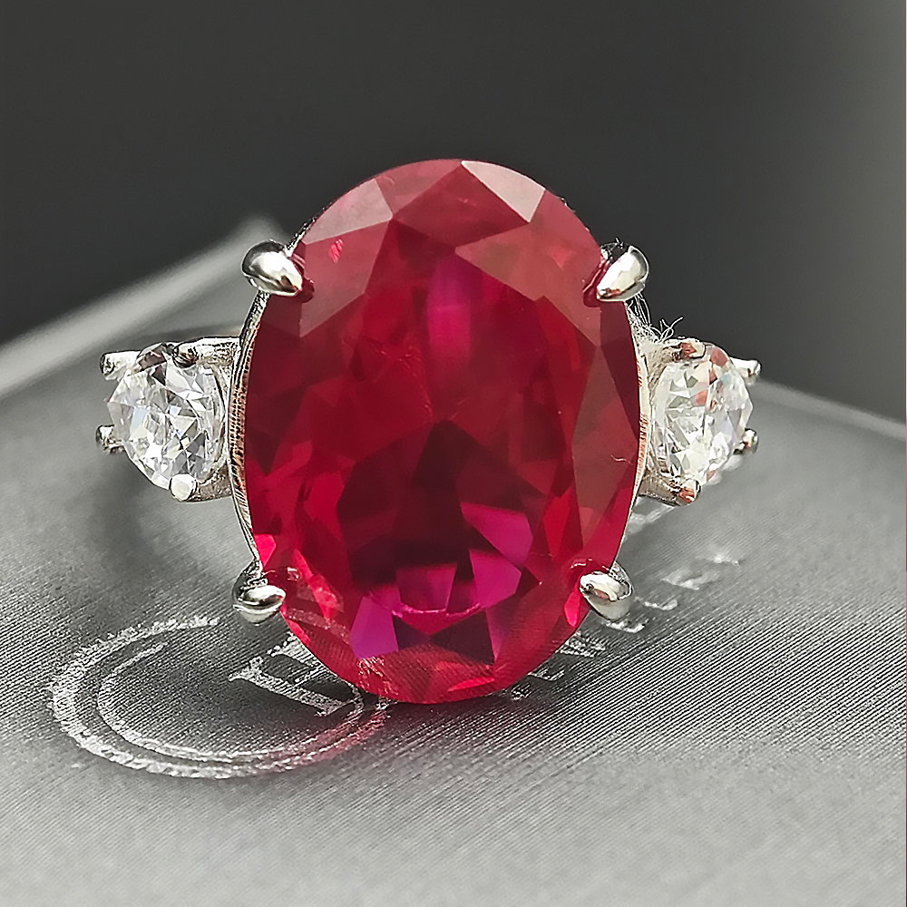 6ct Three-stone Oval Cut Ruby Sapphire Engagement Ring