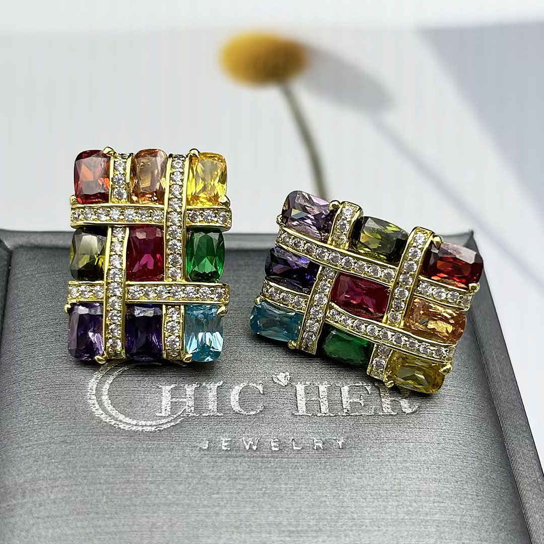Basket Weave Design Rainbow Sapphire Stud Earrings