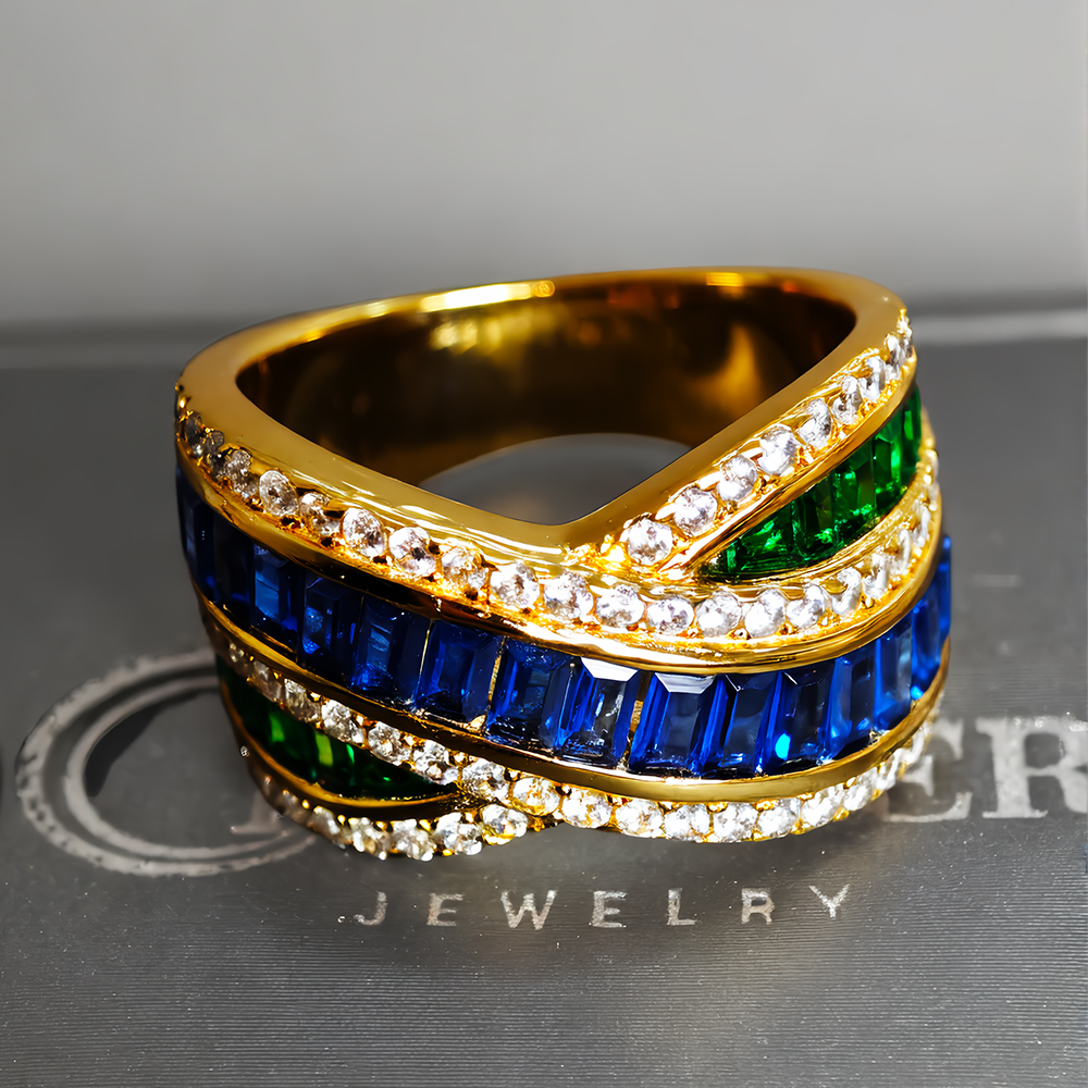 4.35ct Cross Design Emerald&Round Cut Three Tone Wedding Band