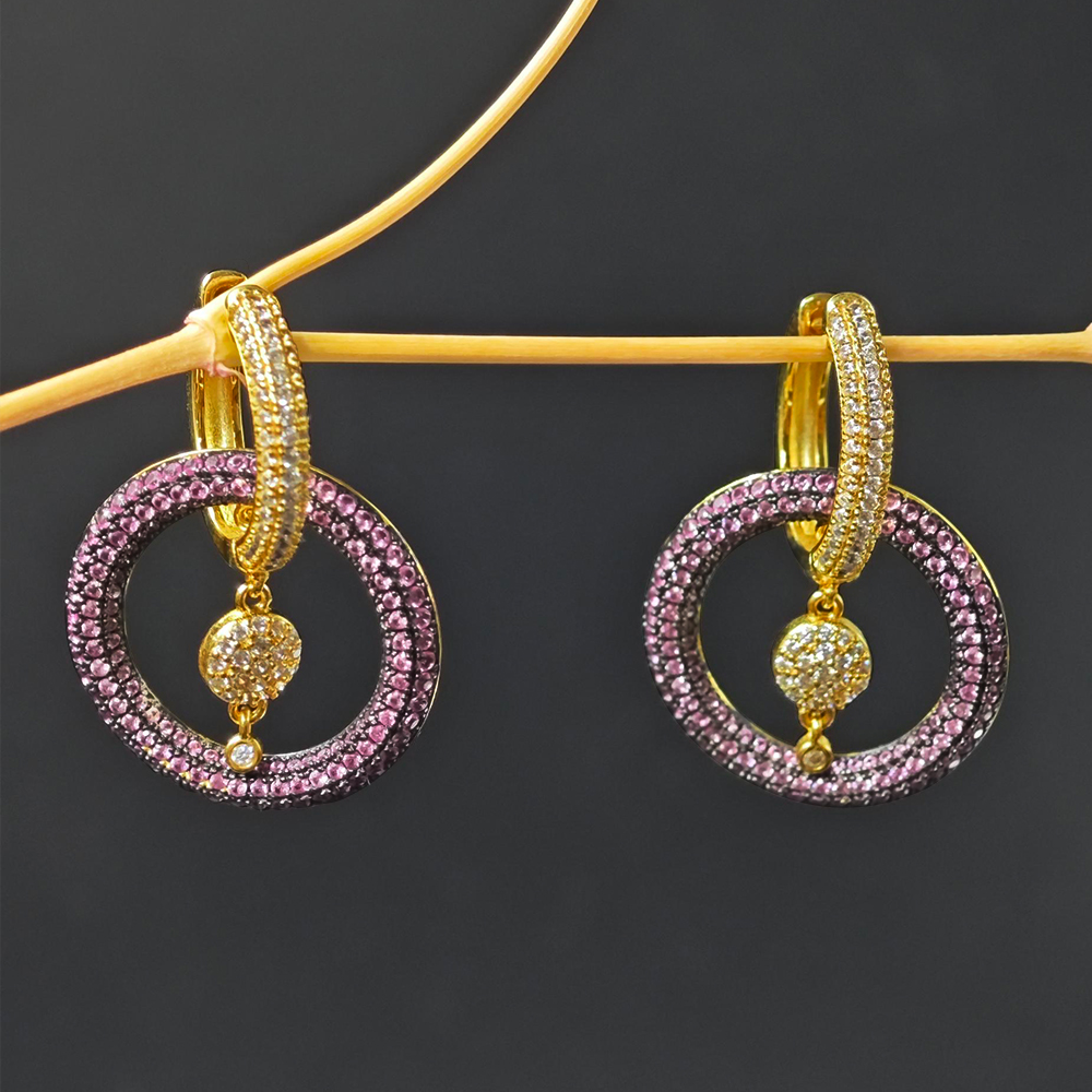 Micro Pave Setting Pink&White Sapphire Hoop Earrings
