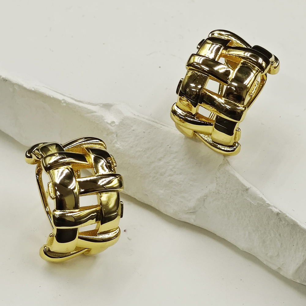 Basket Weave Sterling Silver Hoop Earrings In Gold Plating
