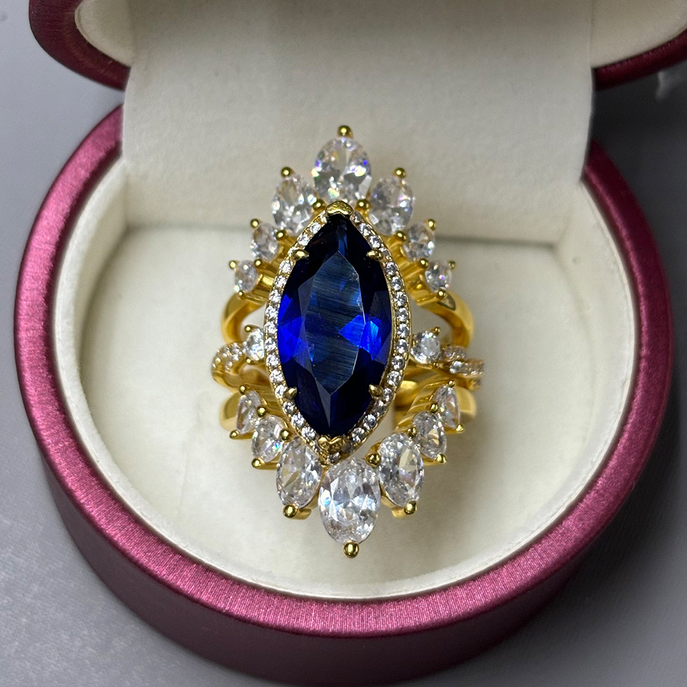 Halo 6ct Marquise Cut Blue Sapphire Wedding Set/3pcs