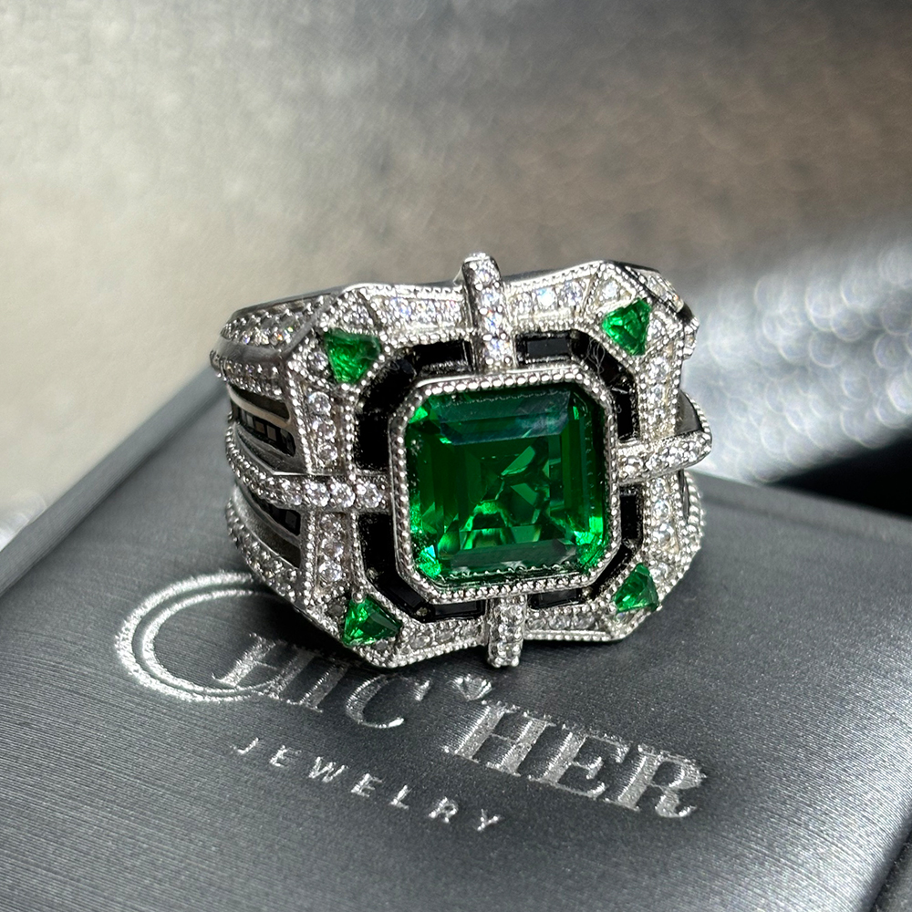 Art Deco 5ct Asscher Cut Emerald Sapphire Ring for Men