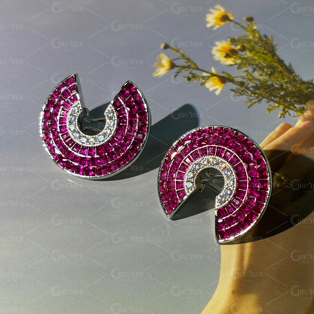 Invisible Setting Ruby&White Sapphire Scallop Earrings
