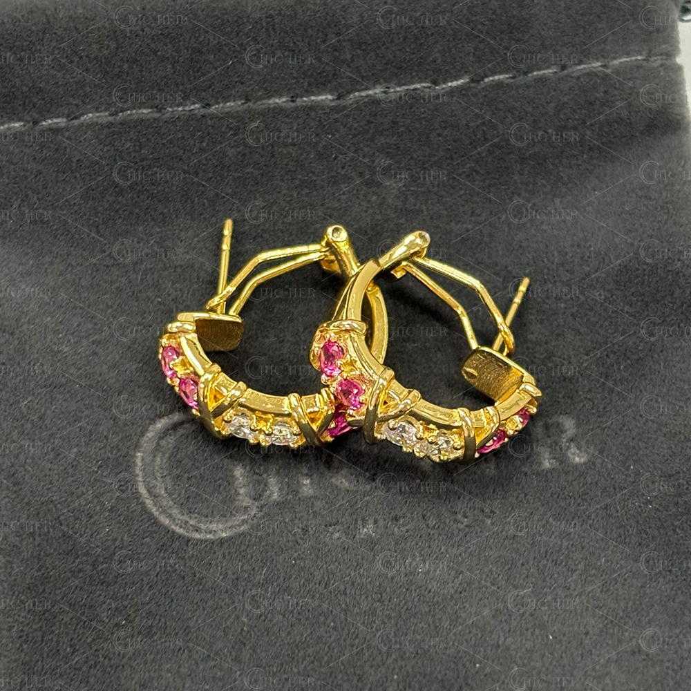Two Tone Round Cut Pink&White Sapphire Hoop Earrings