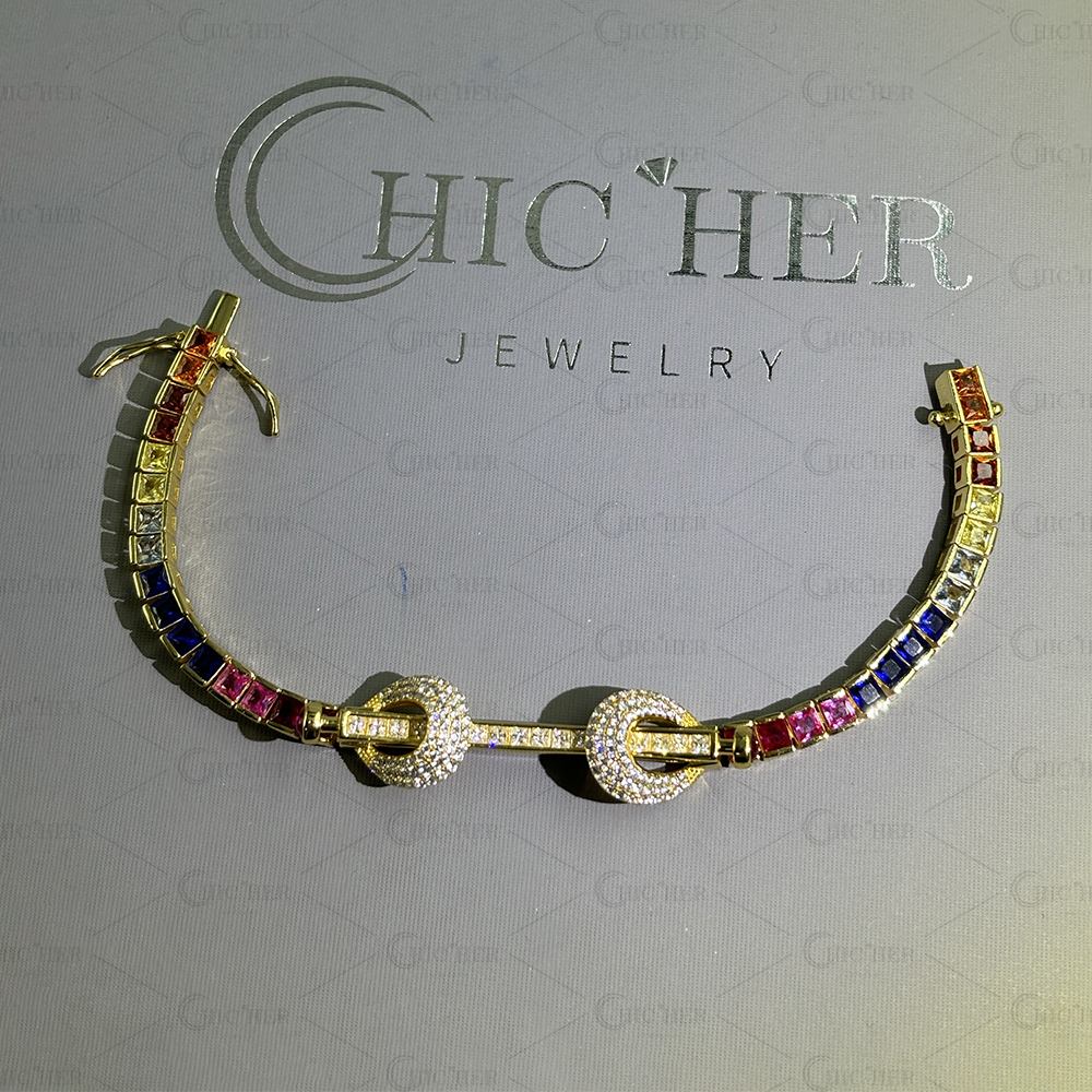 Princess Cut Rainbow Sapphire Tennis Bracelet