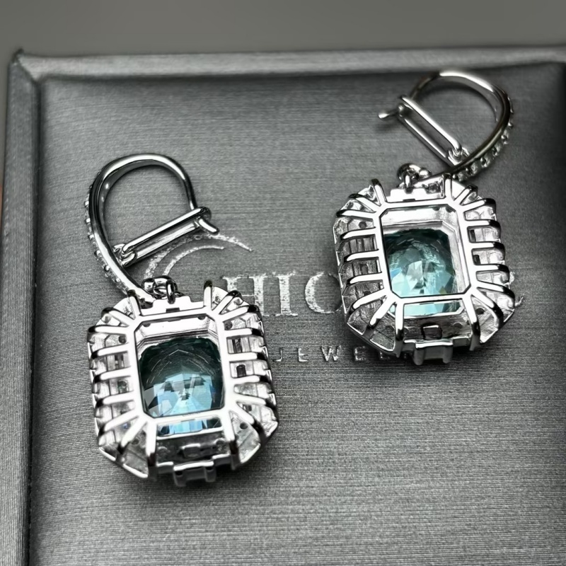 Emerald Cut Paraiba Tourmaline & White Sapphire Drop Earrings