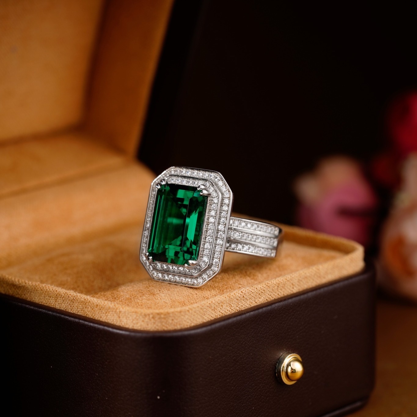10ct Double Halo Emerald Cut Emerald Sapphire Engagement Ring