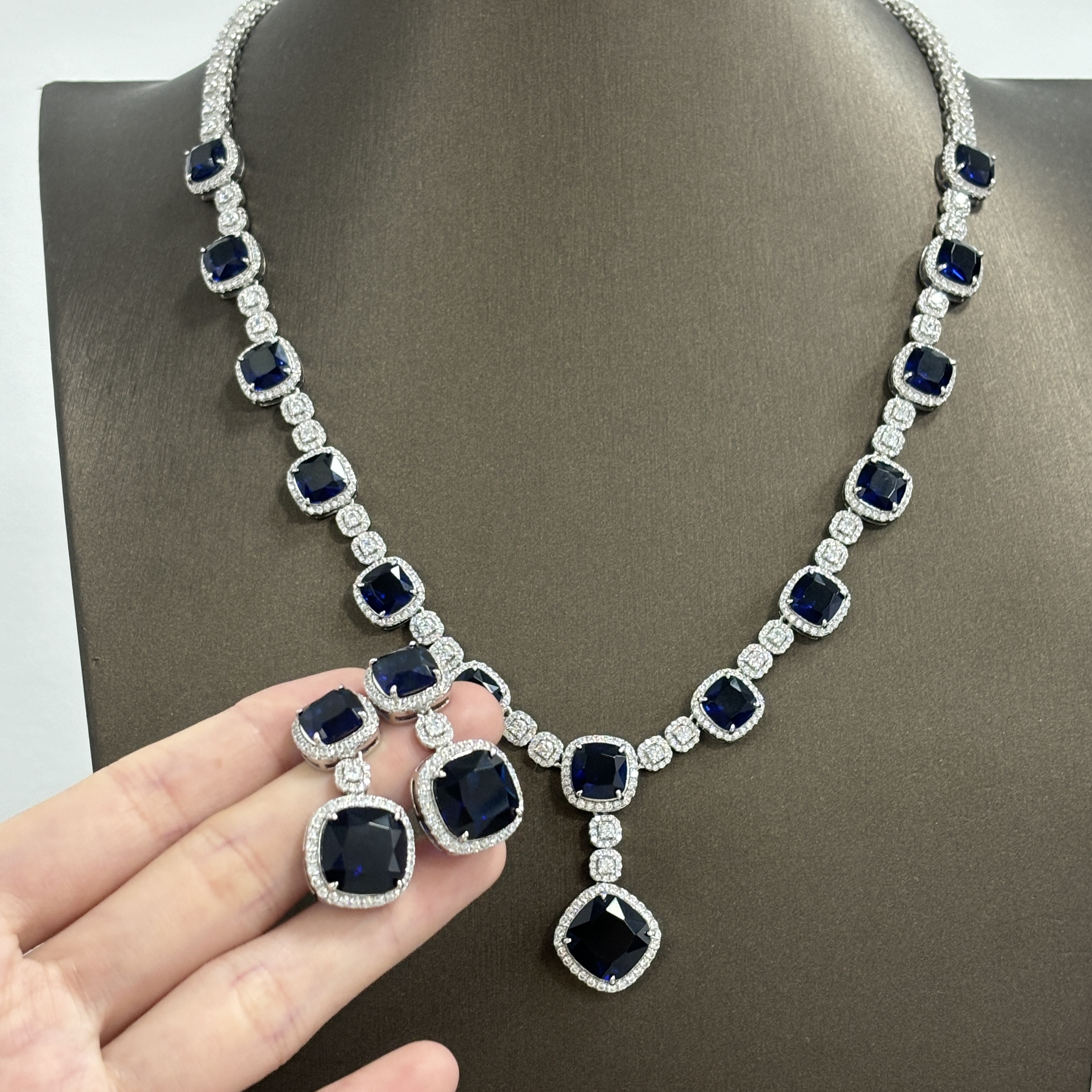 Cushion Cut Blue Sapphire Necklace&Earrings Set/2pcs