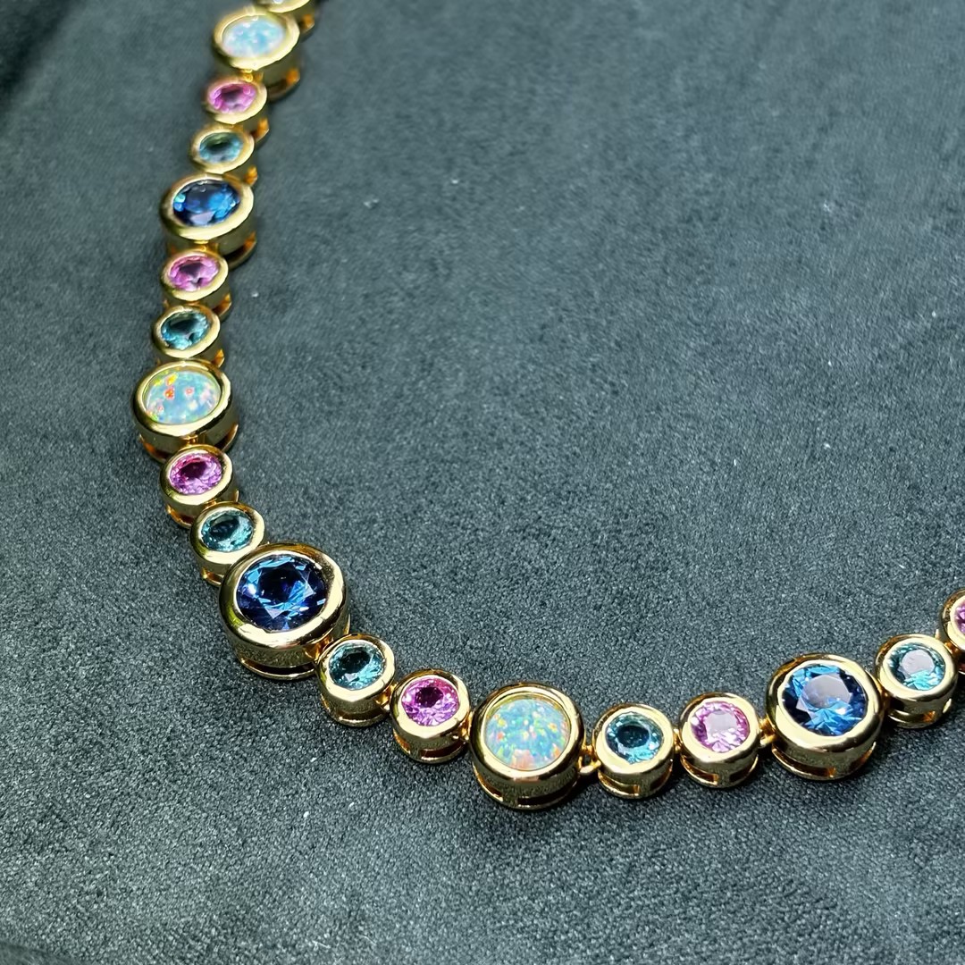 Fashion Round Cut Opal & Multicolor Sapphire Tennis Necklace