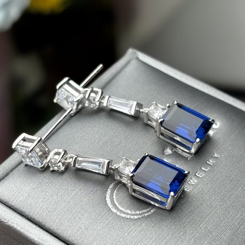 Emerald Cut Blue & Multi Cut White Sapphire Earrings