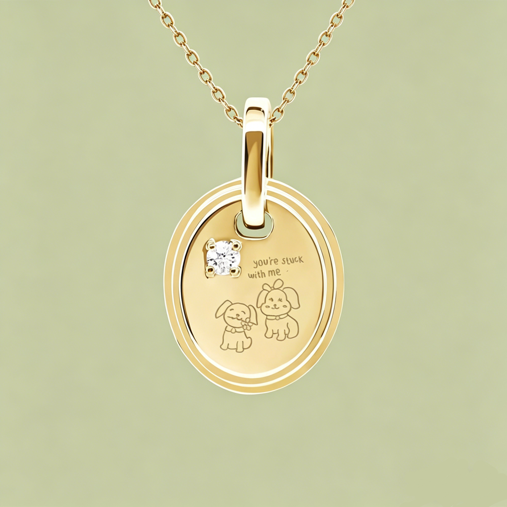 Engraved Oval Charm Necklace with 5 Unique Designs (Diamond Accent)