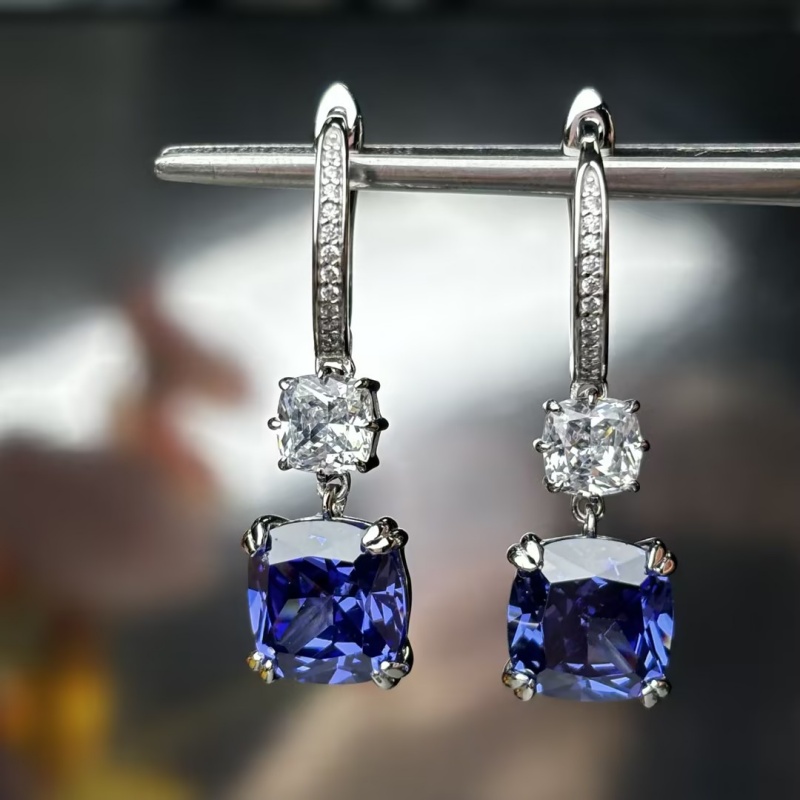 Cushion Cut Blue Sapphire Huggie Drop Earrings