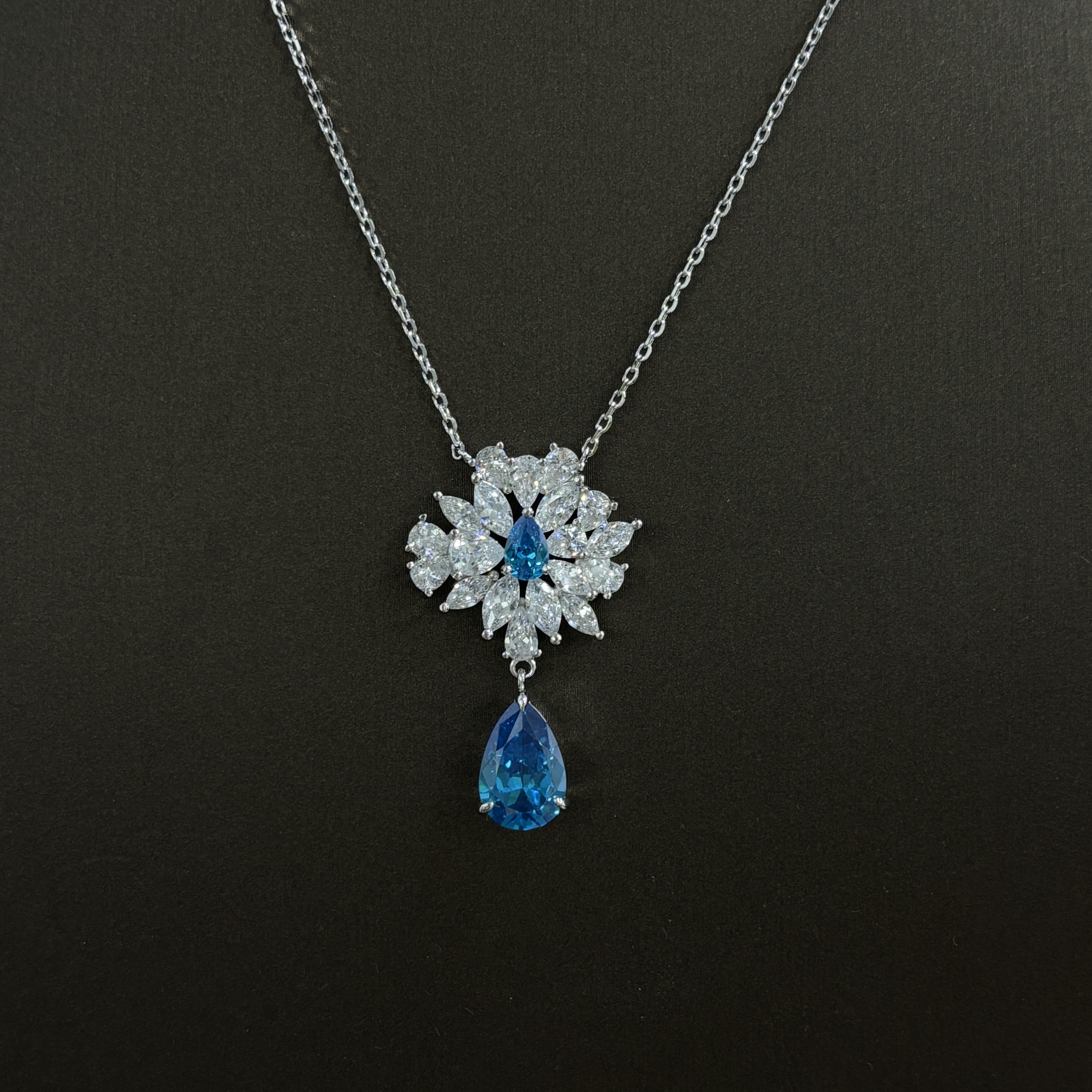 Two-tone Pear&Marquise Cut Aquamarine&White Sapphire Pendant Necklace
