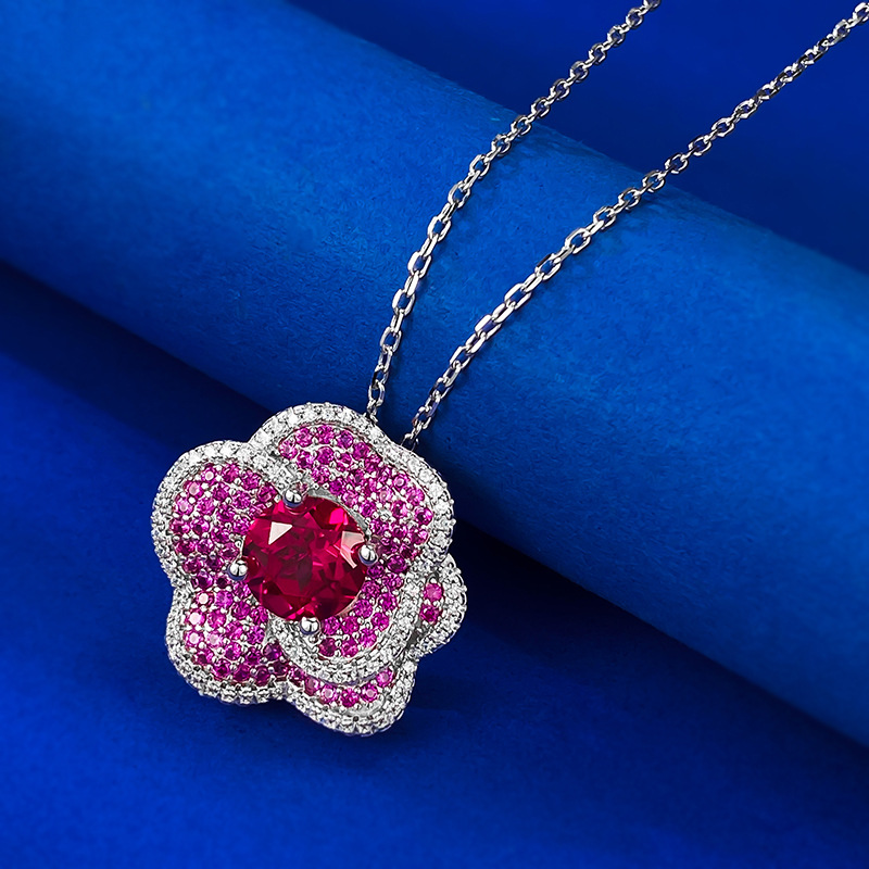 Fashion Rose Design Round Cut Garnet Sapphire Necklace