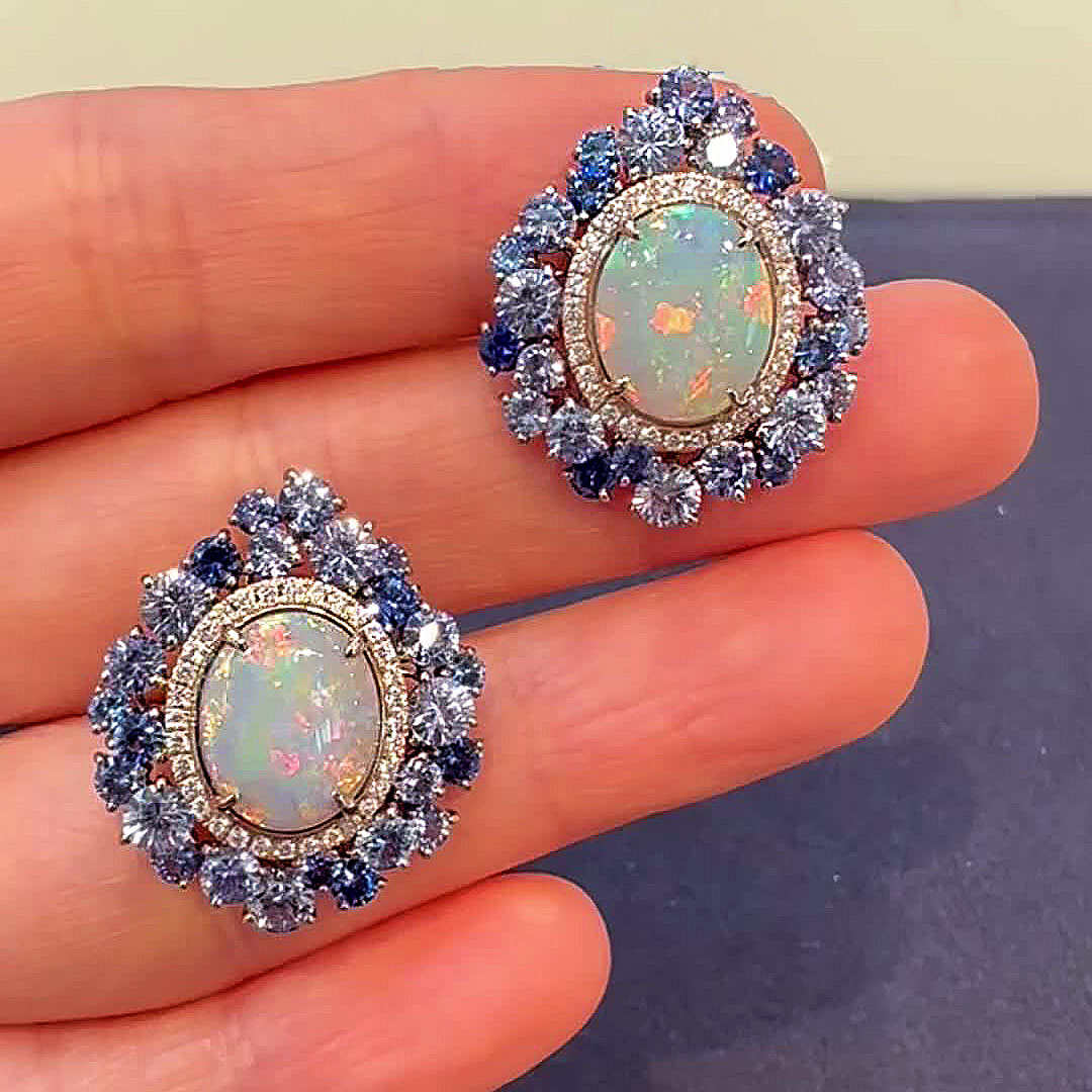 Oval Cut Opal Sapphire Stud Earrings