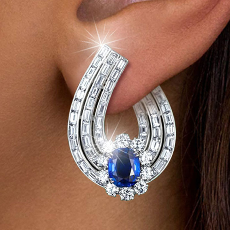 Halo Cushion Cut Blue Sapphire Hoop Earrings