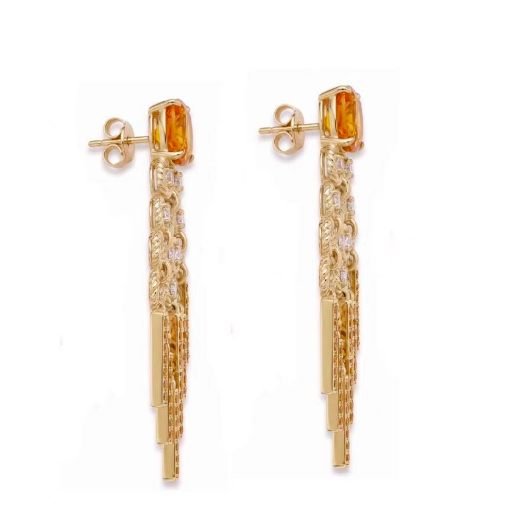 Original Design - Cushion Orange & White Moissanite Dangle Earrings
