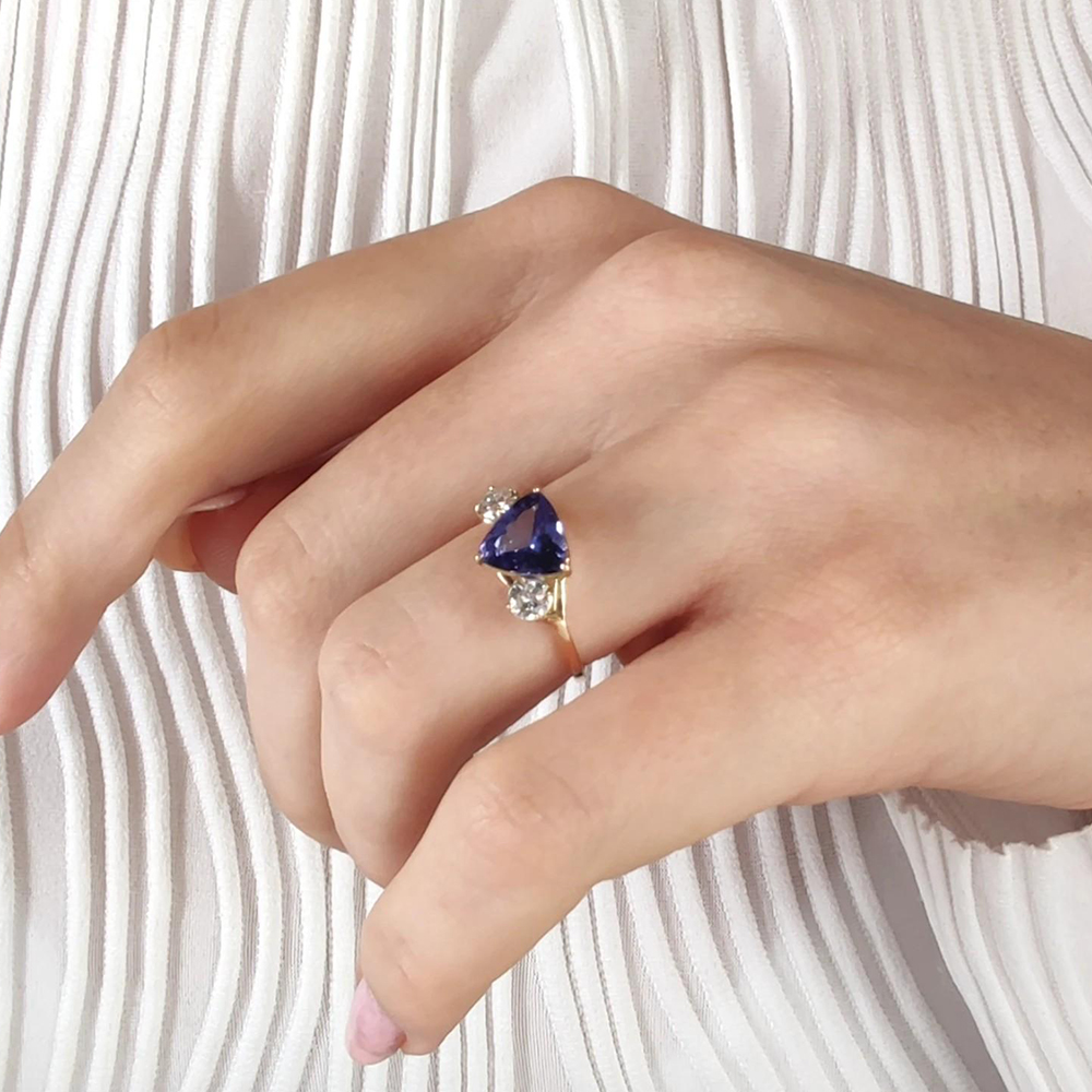 Three Stone 3ct Triangle Cut Tanzanite Sapphire Engagement Ring