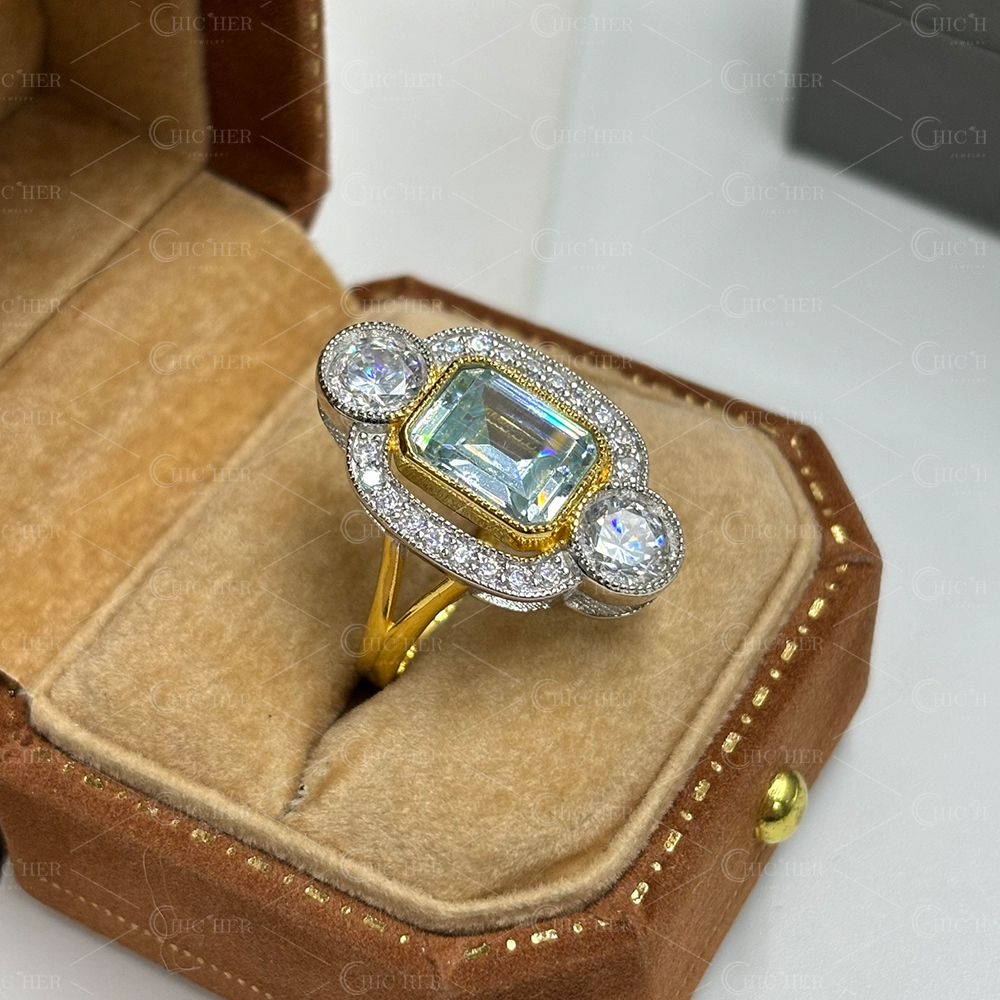 4ct Art Deco Design Emerald Cut Aquamarine Ring