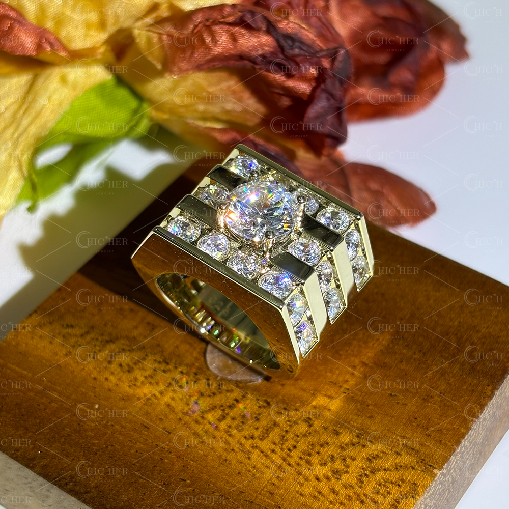 3ct Round Cut Men's Wide Band in Gold