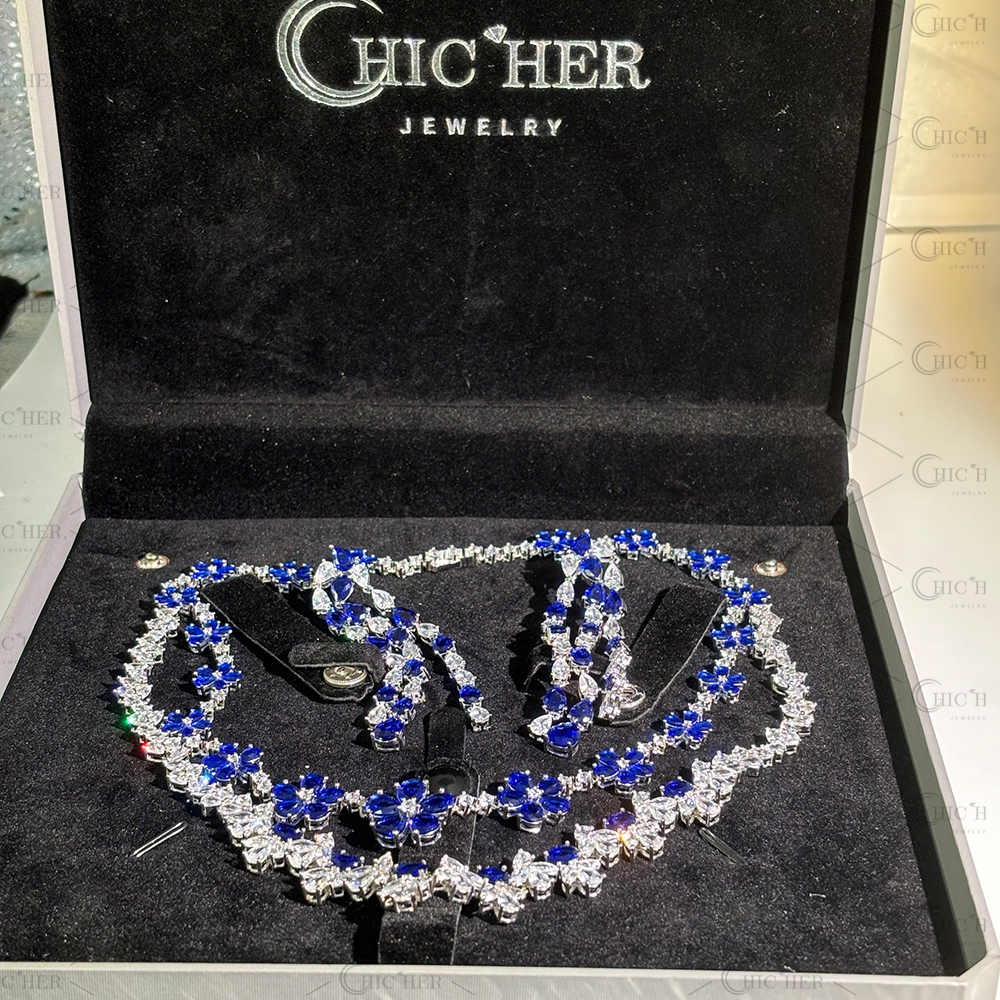 Floral Design Blue Sapphire Necklace&Earrings/2pcs