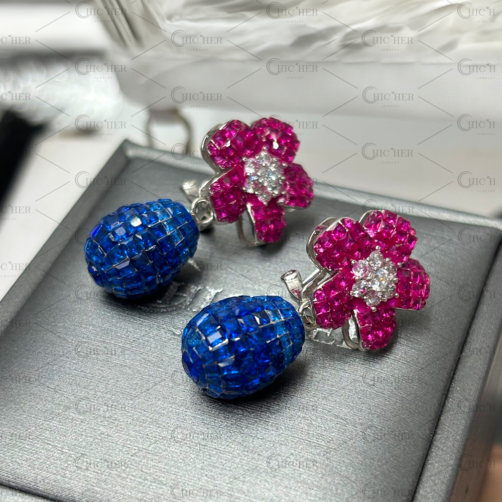 Flower Design Invisible Setting Diamond&Ruby&Sapphire Dangle Earrings