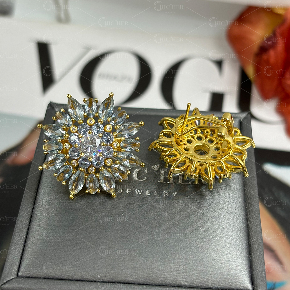 Sun Flower Aquamarine Sapphire Stud Earrings