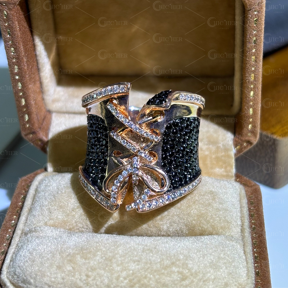 Bustier Design 2.95ct Black&White Sapphire Pave Cocktail Ring