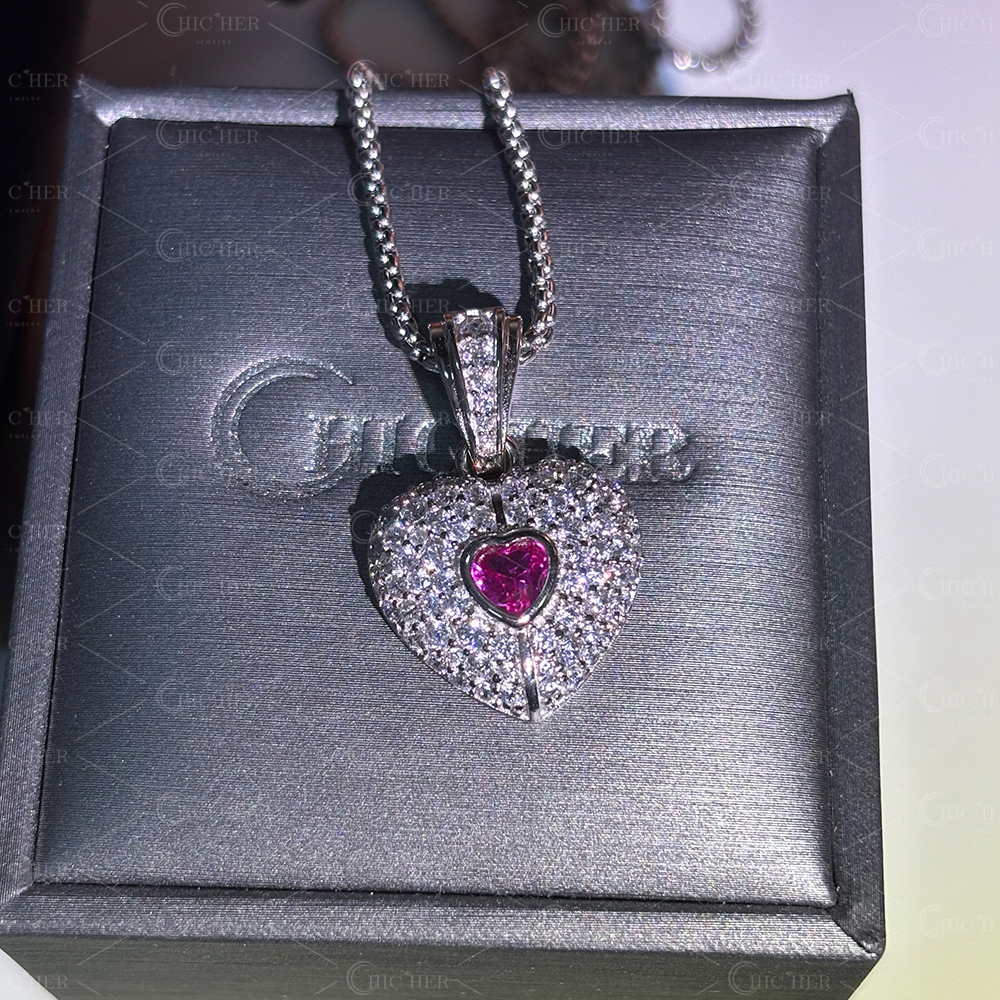 Fashion Two-tone Pink&Diamond Heart Pendant Necklace