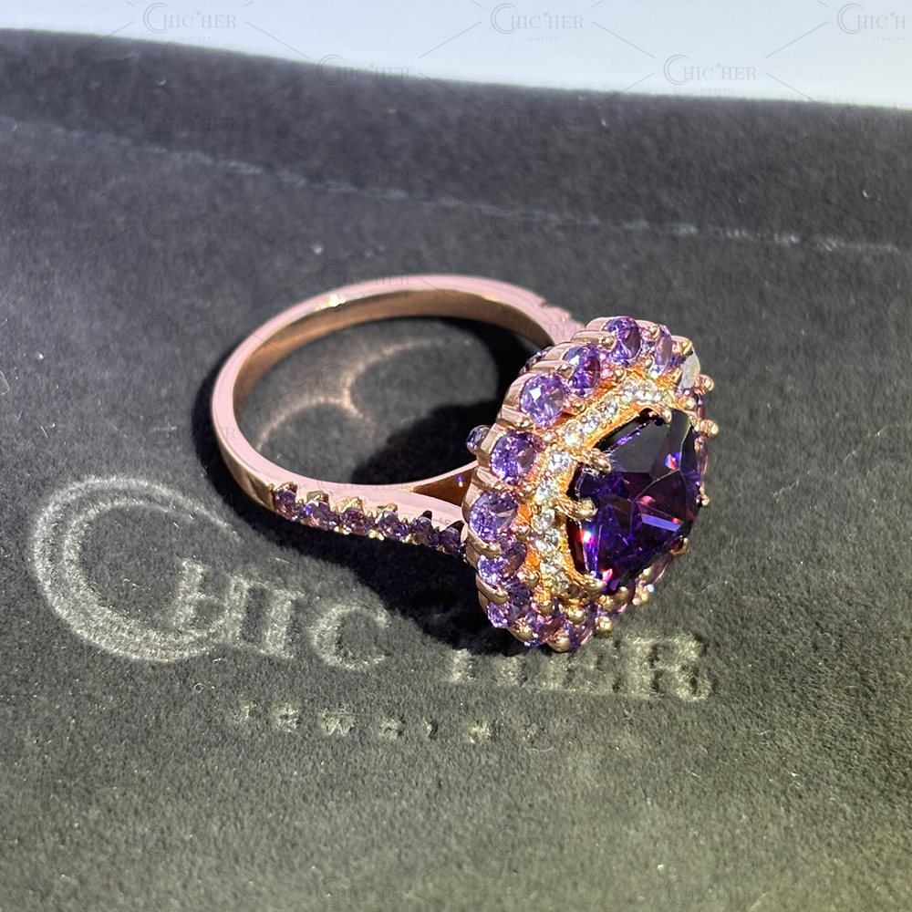 Double Halo 4ct Radiant Cut Amethyst Sapphire Engagement Ring