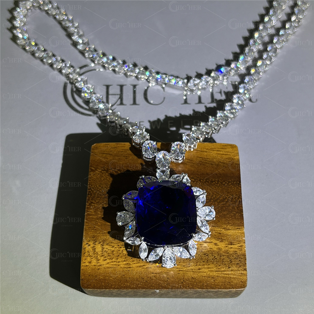 Halo Cushion Cut Blue Sapphire Pendant Necklace