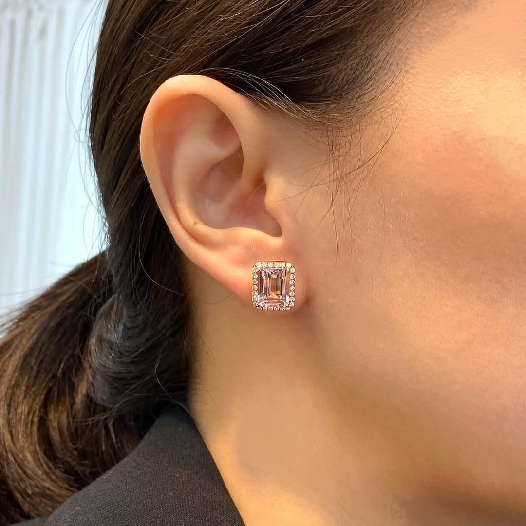 Halo Emerald Cut Pink Sapphire Stud Earrings