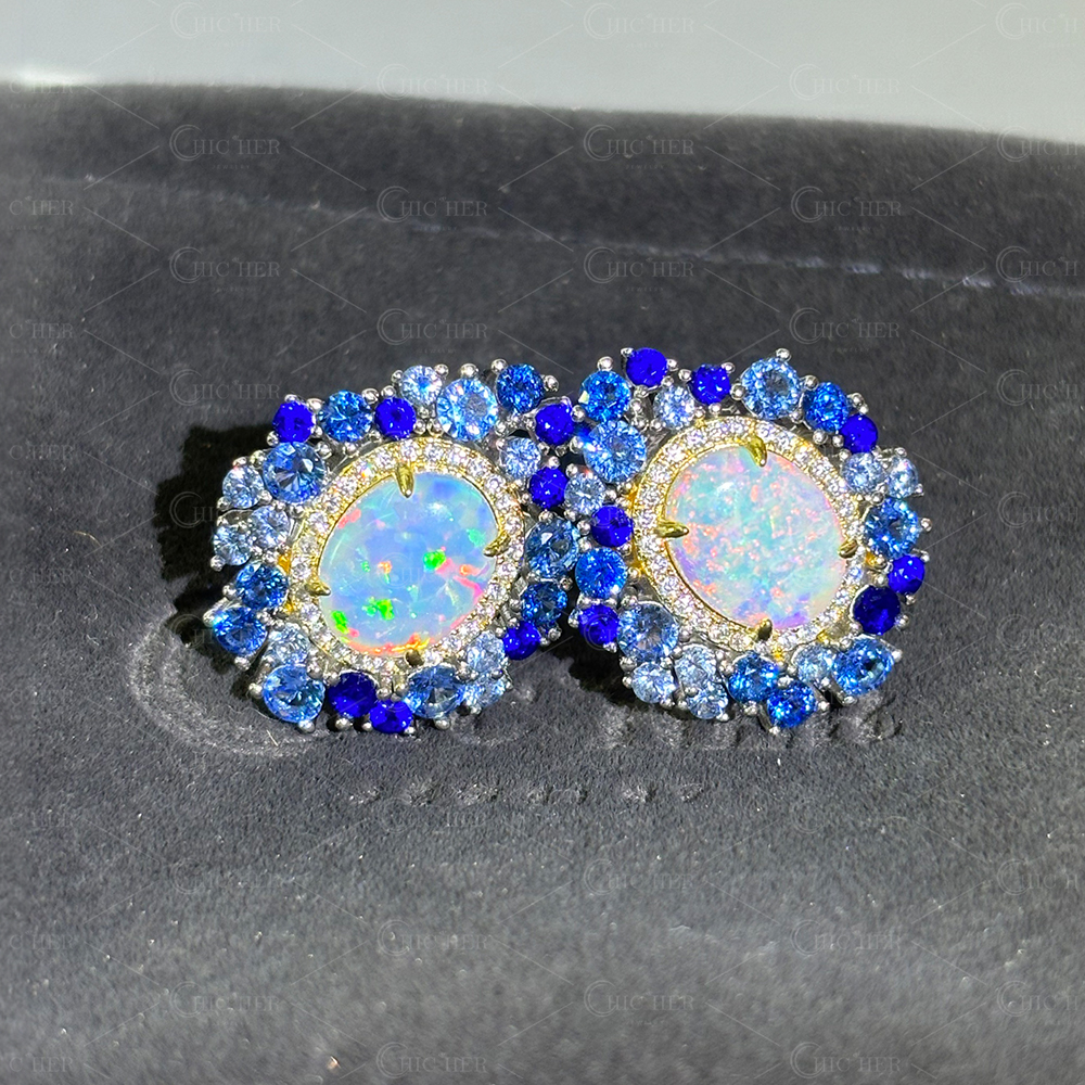Oval Cut Opal Sapphire Stud Earrings