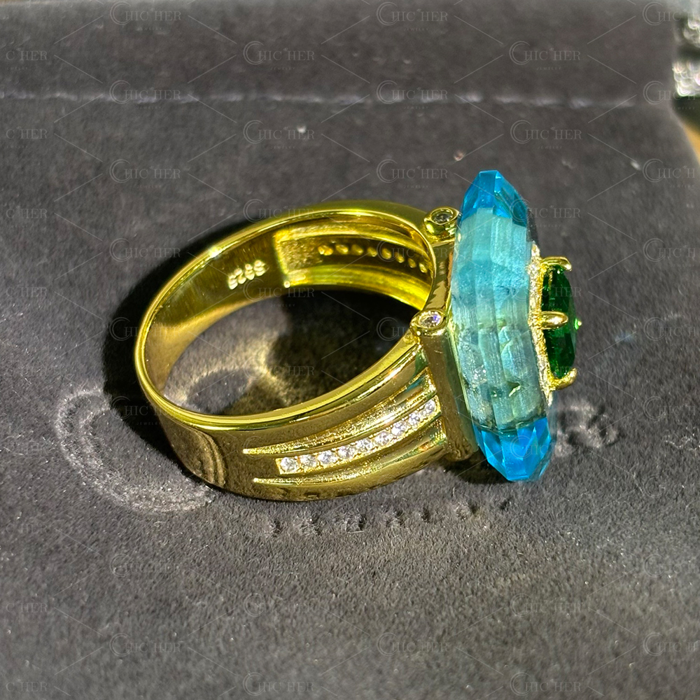 2ct Unique Emerald Cut Emerald Sapphire Engagement Ring