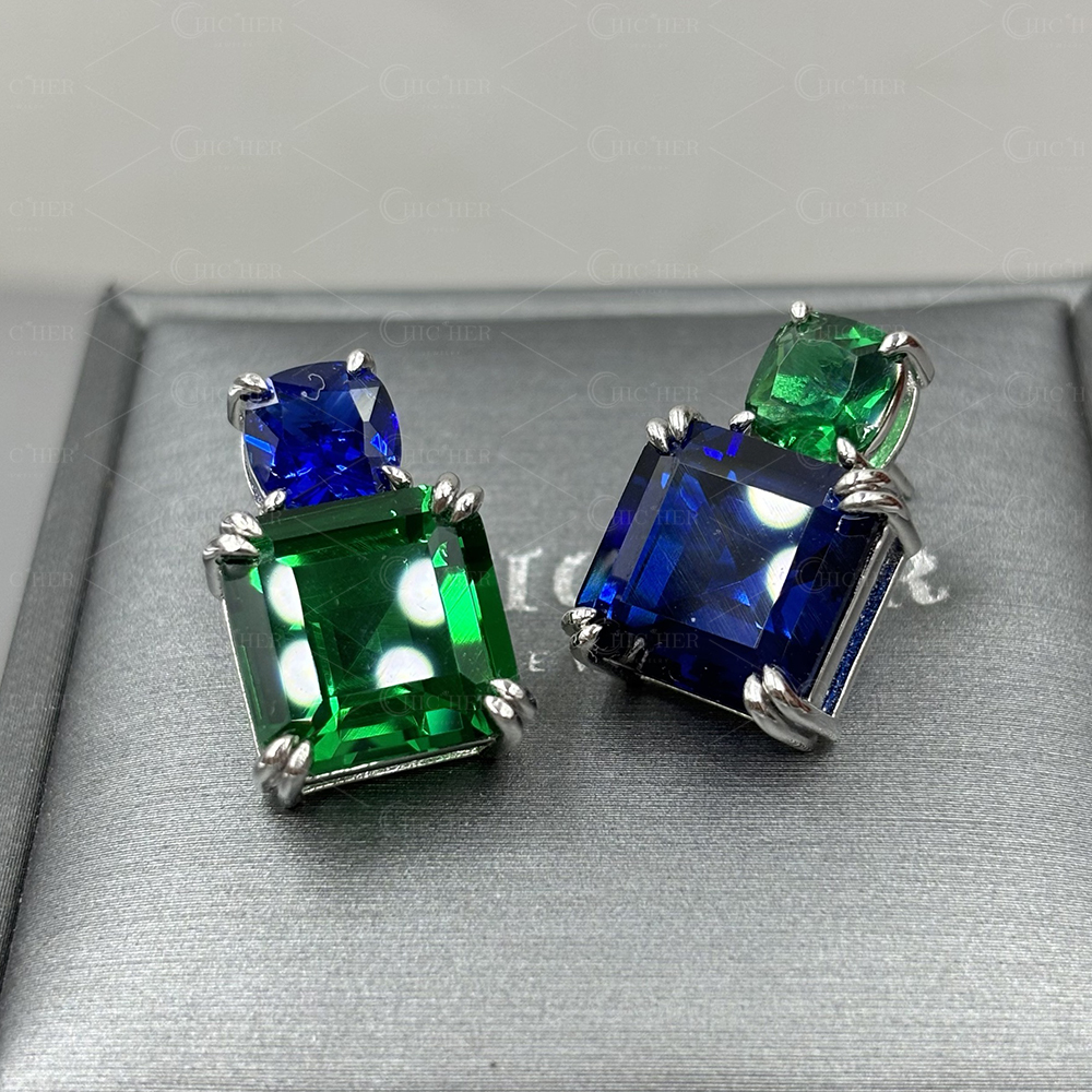 Unique Emerald&Sapphire Stud Earrings