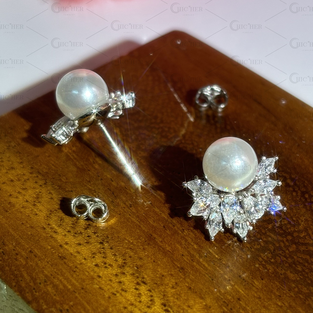 Marquise Cut White Sapphire Pearl Earrings
