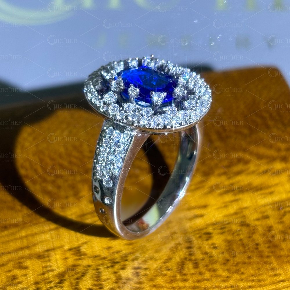 Pave Setting 2ct Oval Cut Blue Sapphire Cocktail Ring