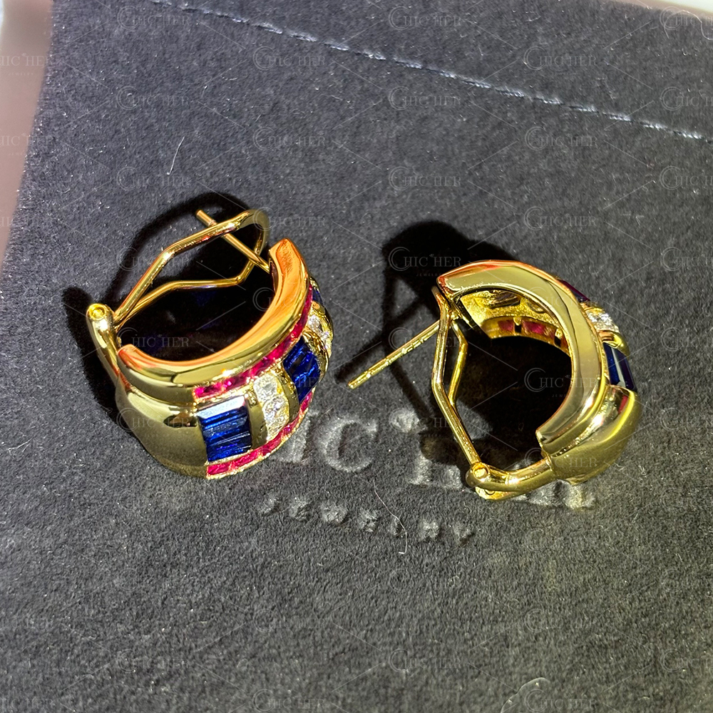 Three Tone Blue&Ruby&White Sapphire Hoop Earrings