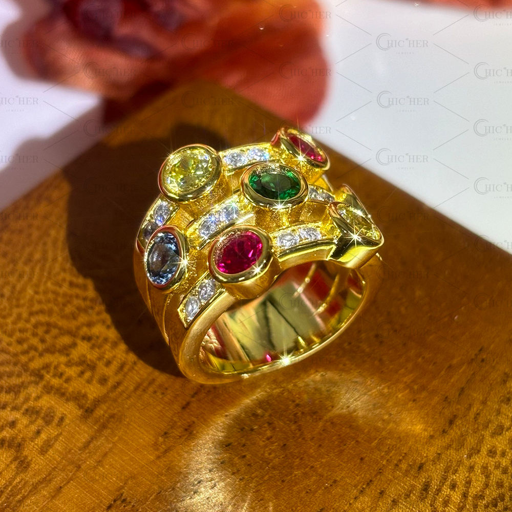 Multi Row 1.8ct Round Cut Rainbow Sapphire Wedding Band