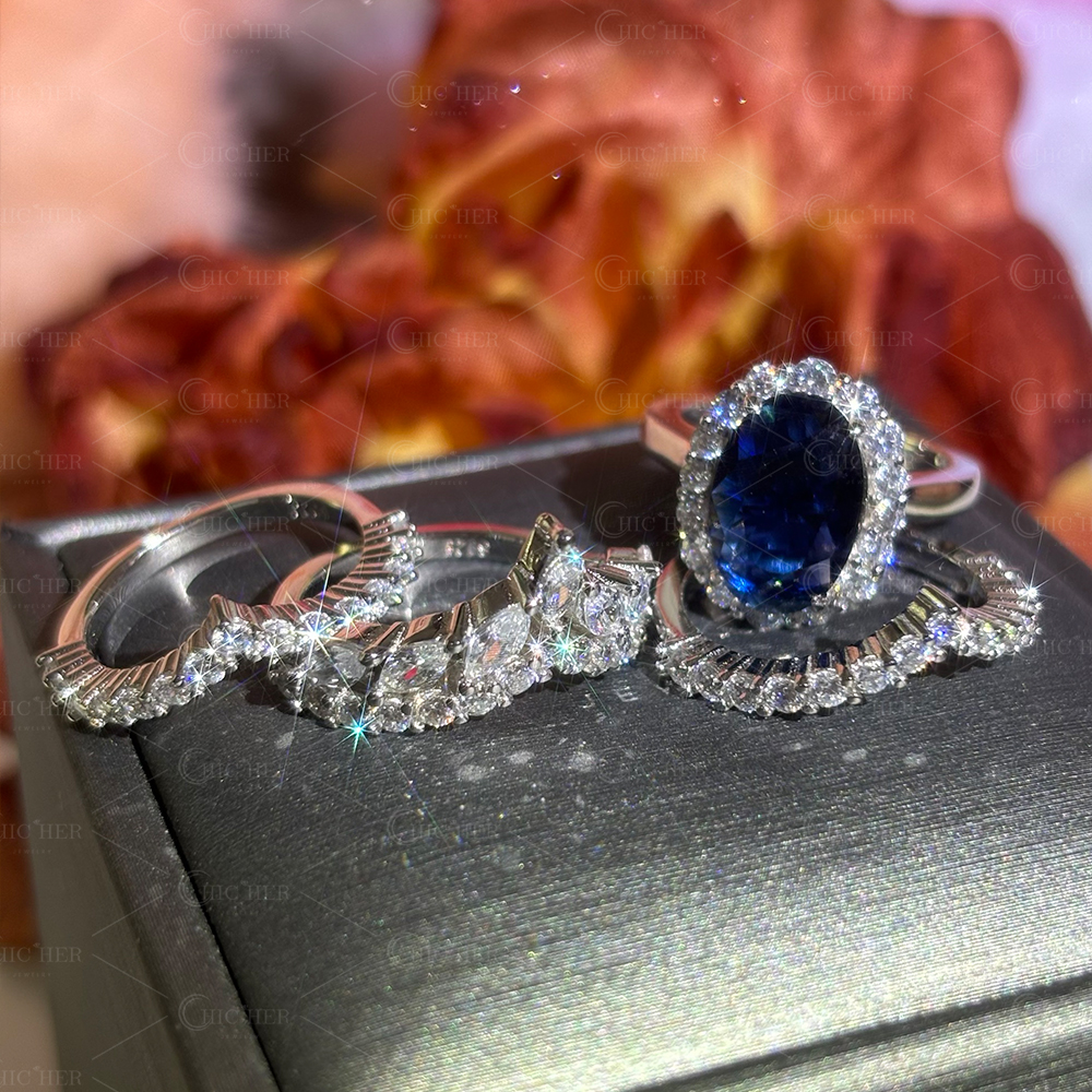 Halo 4ct Oval Cut Blue Sapphire Wedding Set/3pcs