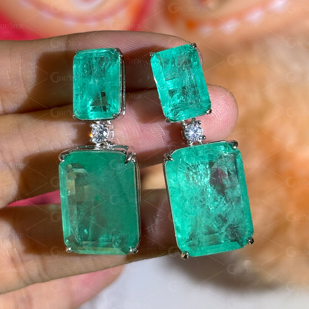 Radiant Cut Colombian Green Dangle Earrings
