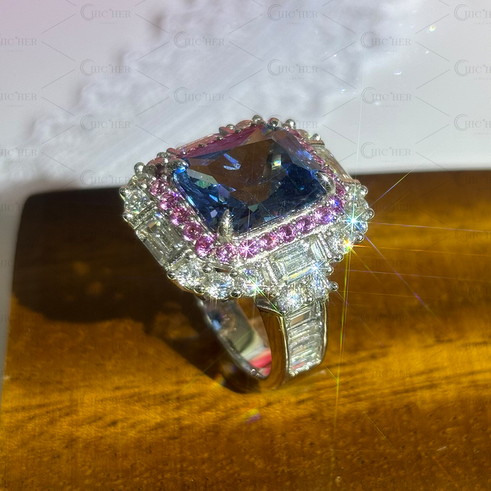 Double Halo 6ct Radiant Cut Light Blue Sapphire Engagement Ring