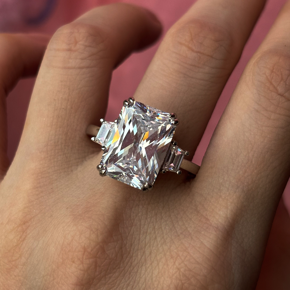 11.26ct Three-stone Radiant Cut White Sapphire Engagement Ring 