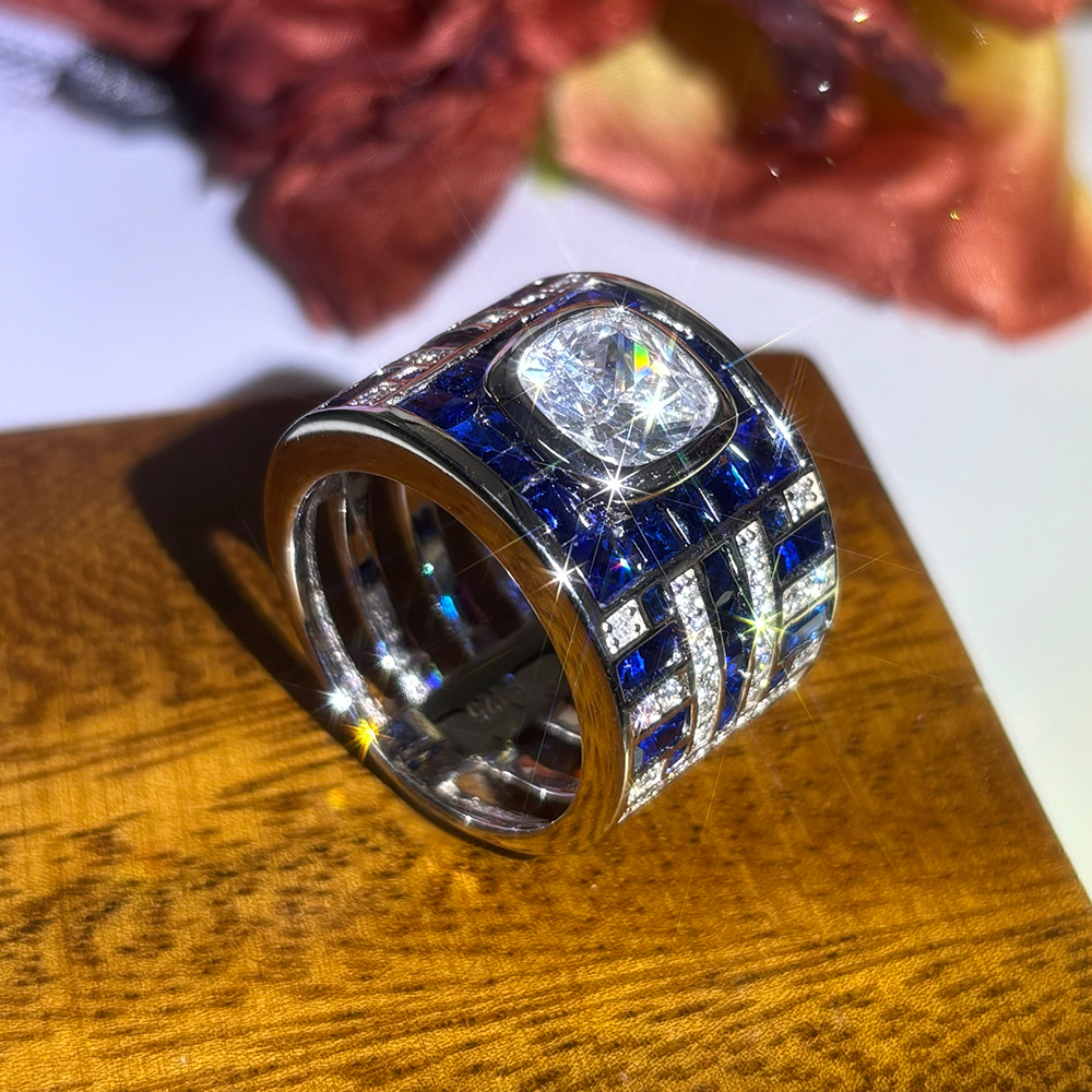 5ct Cushion Cut Two Tone Sapphire Men's Ring