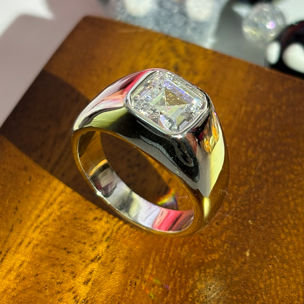 Bezel Setting 3ct Asscher Cut White Sapphire Men's Engagement Ring