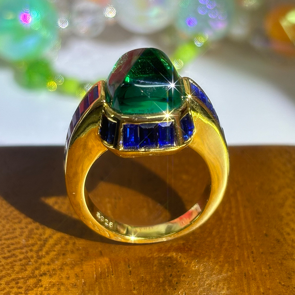 Sapphire Halo 10ct Cabochon Cut Emerald Sapphire Cocktail Ring