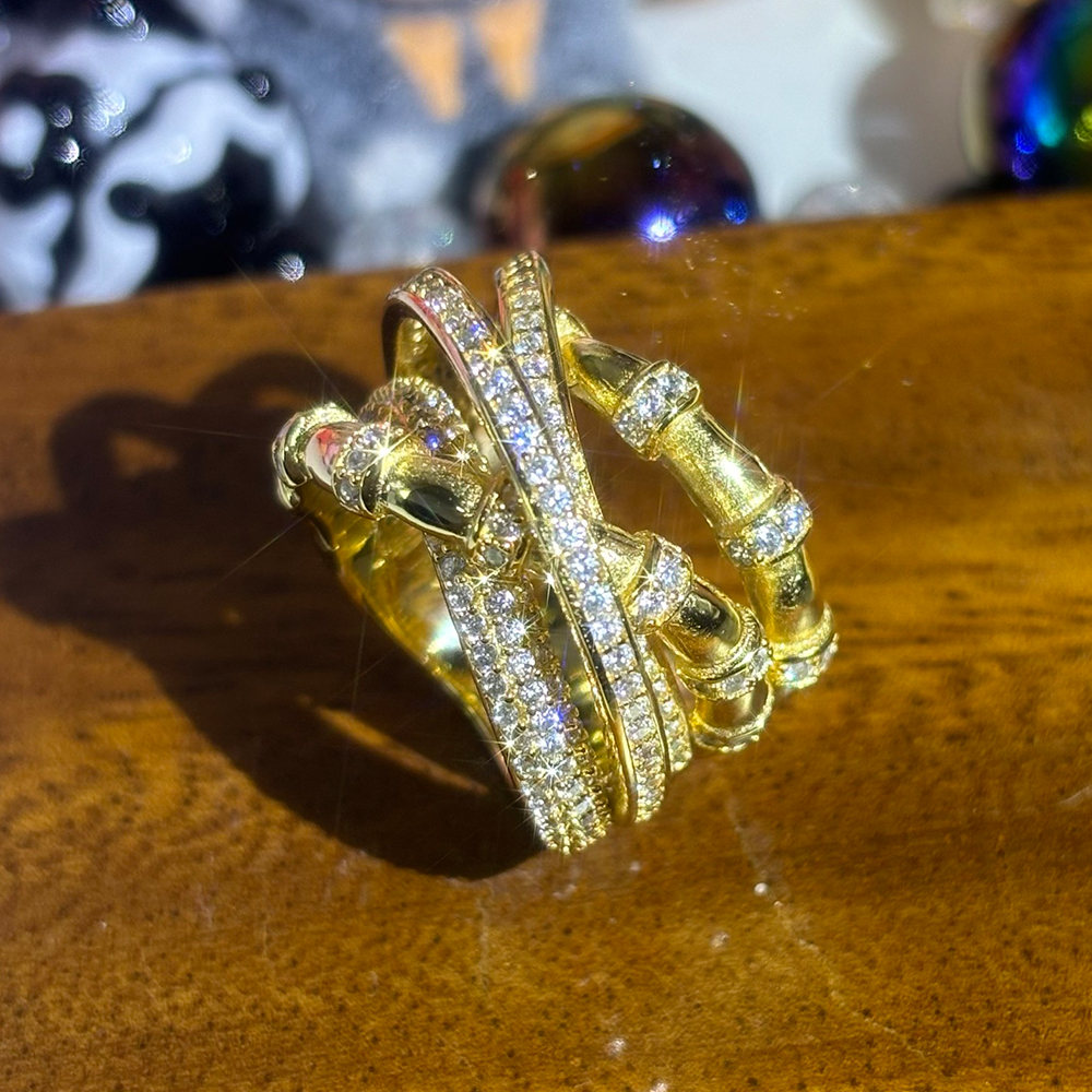 Bamboo Design 0.8ct White Sapphire Pave Ring