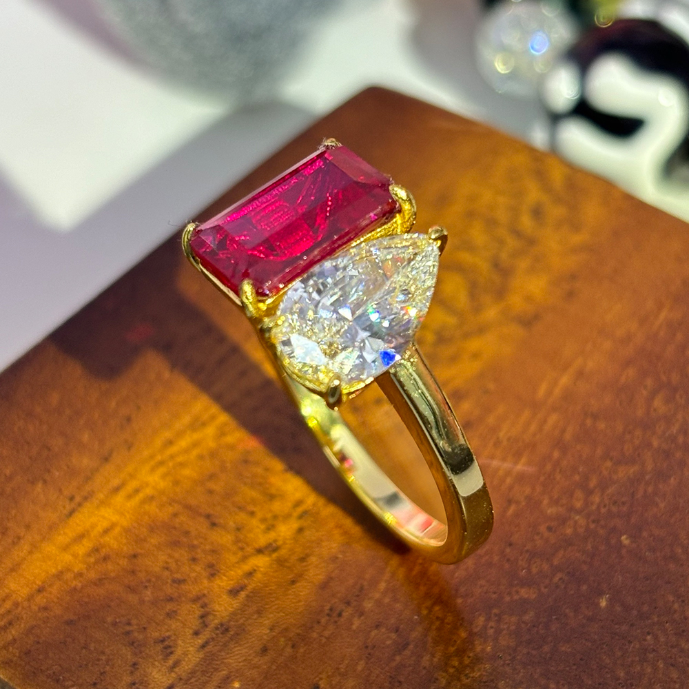 Toi et Moi 7ct Emerald&Pear Cut Ruby&White Sapphire Engagement Ring